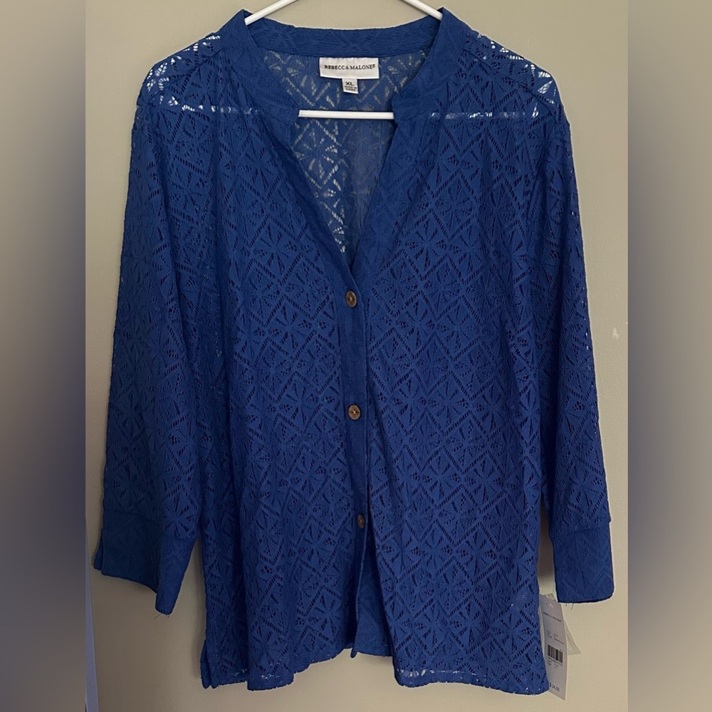 REBECCA MALONE size XL, BLUE Lace Button-Up Blouse. NWT!